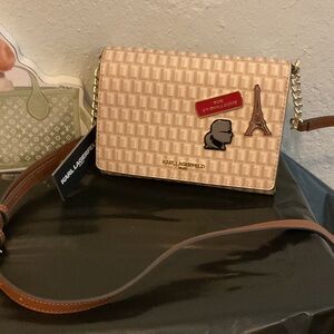 Karl Lagerfeld Beige & Brown Monogram Crossbody Bag with Gold Accents